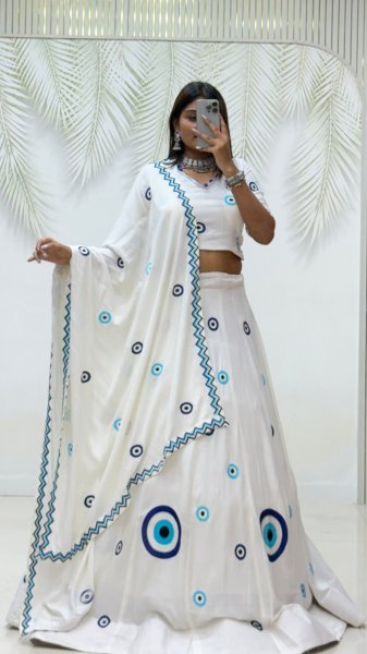 Innovative White Designer Pure Cotton Lehenga Choli with Matching Thread Work Dupatta Navratri Lehnega Choli