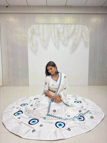 Innovative White Designer Pure Cotton Lehenga Choli with Matching Thread Work Dupatta Navratri Lehnega Choli