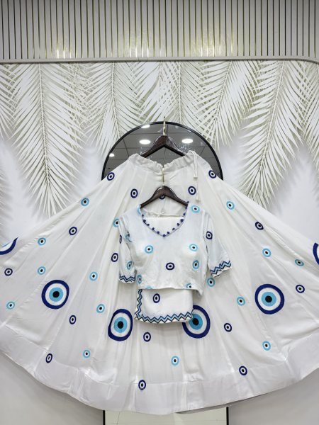 Innovative White Designer Pure Cotton Lehenga Choli with Matching Thread Work Dupatta Navratri Lehnega Choli