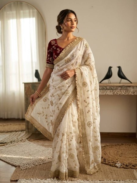 Innovative White Fandy Satin Saree with Elegant Bits Embroidery and C Pallu Design 