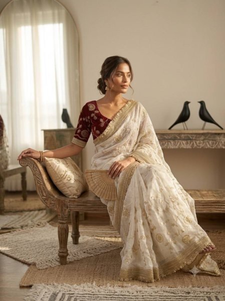 Innovative White Fandy Satin Saree with Elegant Bits Embroidery and C Pallu Design Embroidery Sarees Wholesale