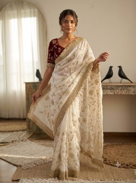 Innovative White Fandy Satin Saree with Elegant Bits Embroidery and C Pallu Design Embroidery Sarees Wholesale