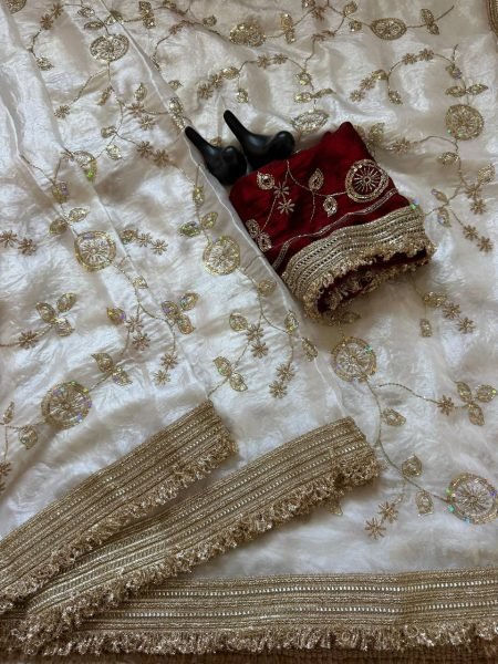 Innovative White Fandy Satin Saree with Elegant Bits Embroidery and C Pallu Design Embroidery Sarees Wholesale