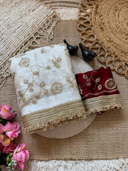 Innovative White Fandy Satin Saree with Elegant Bits Embroidery and C Pallu Design Embroidery Sarees Wholesale