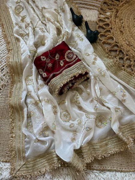Innovative White Fandy Satin Saree with Elegant Bits Embroidery and C Pallu Design Embroidery Sarees Wholesale