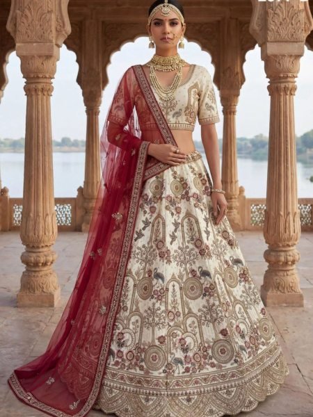 Innovative White Heavy Embroidered Bridal Lehenga Set with Designer Blouse   Lehenga