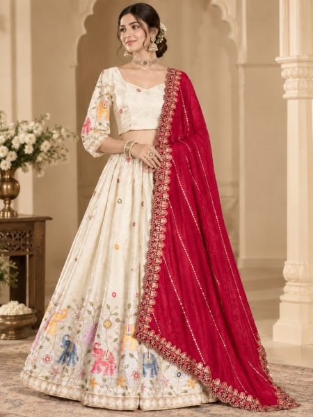 Innovative White Tissue Silk Lehenga Choli with Red Vichitra Silk Sequin Dupatta 