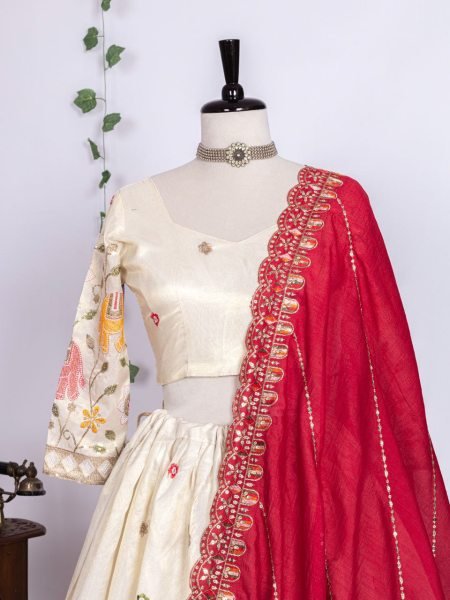 Innovative White Tissue Silk Lehenga Choli with Red Vichitra Silk Sequin Dupatta Designer Lehenga Choli