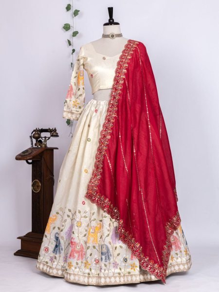 Innovative White Tissue Silk Lehenga Choli with Red Vichitra Silk Sequin Dupatta Designer Lehenga Choli