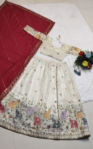 Innovative White Tissue Silk Lehenga Choli with Red Vichitra Silk Sequin Dupatta Designer Lehenga Choli