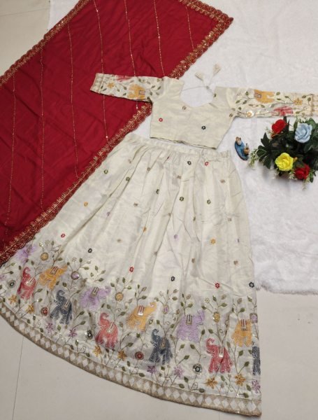 Innovative White Tissue Silk Lehenga Choli with Red Vichitra Silk Sequin Dupatta Designer Lehenga Choli