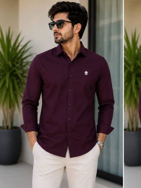 Innovative Wine Designer Men's Formal Cotton Shirt for Daily Office Wear 