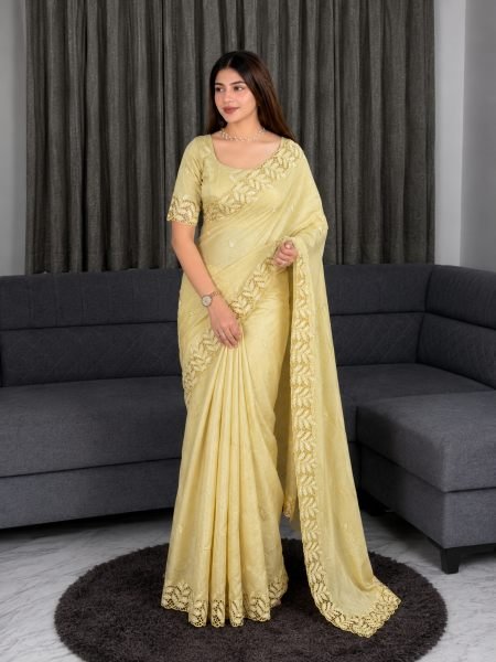 Innovative Yellow Arry Cotton Saree with Thread Embroidery and Blouse Cutwork 