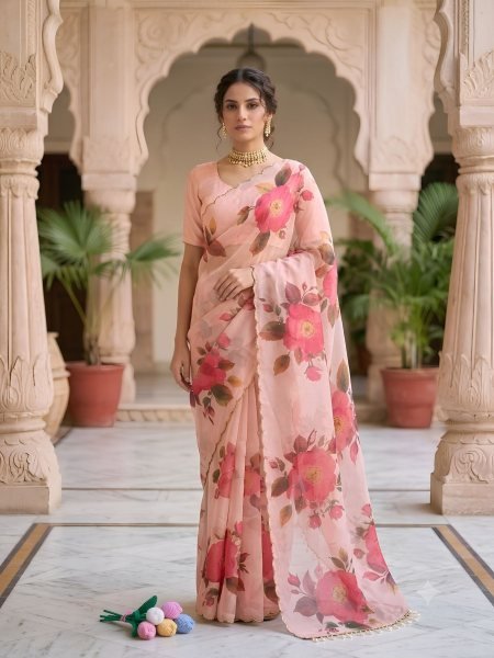 Inspiring Baby Pink Soft Tebby Silk Floral Print Saree with Katdana Handwork Blouse at Manufacturer  Sarees 
