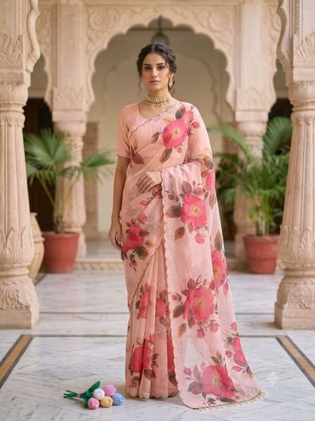 Inspiring Baby Pink Soft Tebby Silk Floral Print Saree with Katdana Handwork Blouse at Manufacturer  Silk Sarees Wholesale