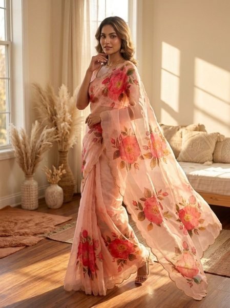 Inspiring Baby Pink Soft Tebby Silk Floral Print Saree with Katdana Handwork Blouse at Manufacturer  Silk Sarees Wholesale