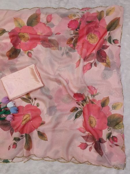 Inspiring Baby Pink Soft Tebby Silk Floral Print Saree with Katdana Handwork Blouse at Manufacturer  Silk Sarees Wholesale