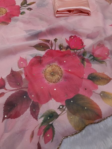 Inspiring Baby Pink Soft Tebby Silk Floral Print Saree with Katdana Handwork Blouse at Manufacturer  Silk Sarees Wholesale