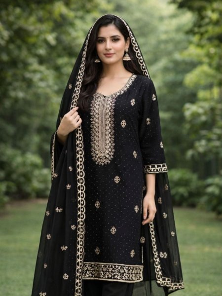 Inspiring Black Georgette Zari Embroidered Dress Material Suit for Party Wear 