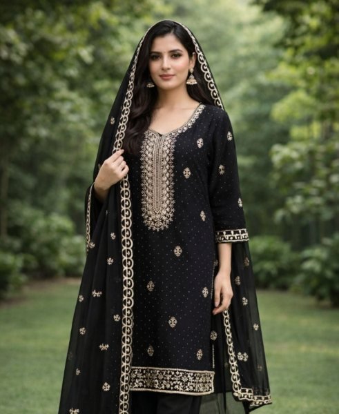 Inspiring Black Georgette Zari Embroidered Dress Material Suit for Party Wear Color Set Matching Dress Material Wholesale