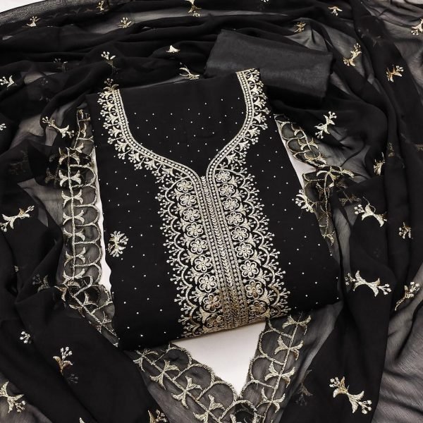 Inspiring Black Georgette Zari Embroidered Dress Material Suit for Party Wear Color Set Matching Dress Material Wholesale