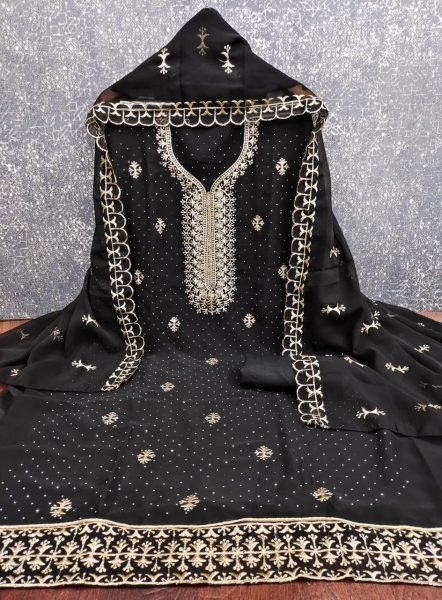 Inspiring Black Georgette Zari Embroidered Dress Material Suit for Party Wear Color Set Matching Dress Material Wholesale