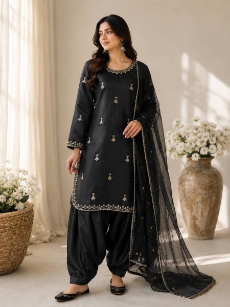 Inspiring Black Premium Satin Suit with Organza Embroidered Dupatta 