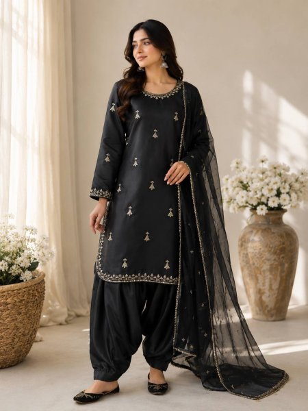 Inspiring Black Premium Satin Suit with Organza Embroidered Dupatta Ready To Wear Collection