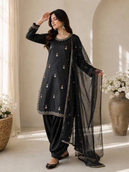 Inspiring Black Premium Satin Suit with Organza Embroidered Dupatta Ready To Wear Collection
