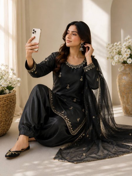 Inspiring Black Premium Satin Suit with Organza Embroidered Dupatta Ready To Wear Collection