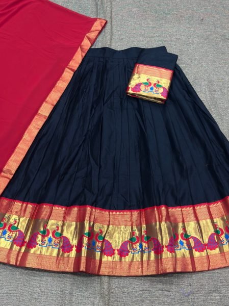 Inspiring Black Red Women's Kanchi Cotton Lehenga with Traditional Zari Weaving Half Saree Lehenga