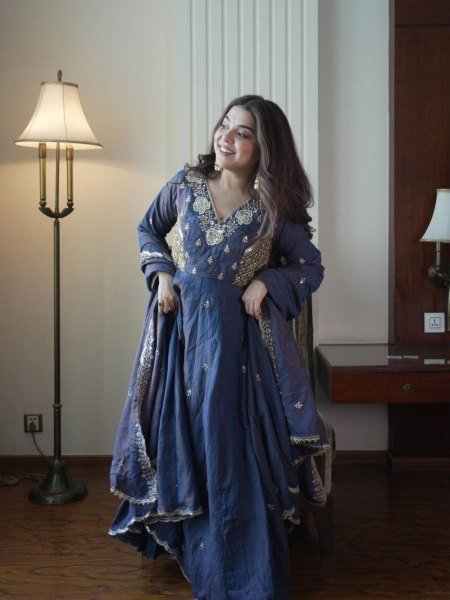 Inspiring Blue Designer Vichitra Gown Suit Set with Beads Sequence Embroidery 