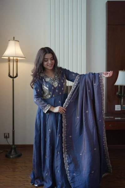 Inspiring Blue Designer Vichitra Gown Suit Set with Beads Sequence Embroidery Ready To Wear Collection