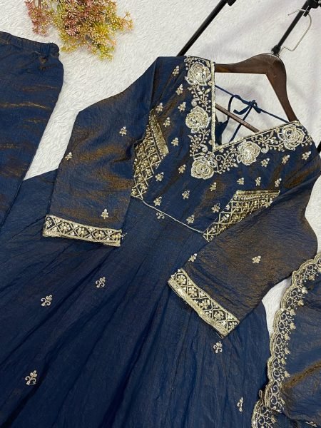 Inspiring Blue Designer Vichitra Gown Suit Set with Beads Sequence Embroidery Ready To Wear Collection