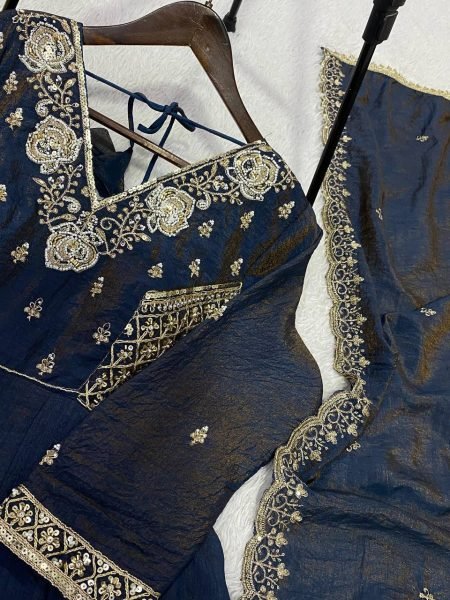 Inspiring Blue Designer Vichitra Gown Suit Set with Beads Sequence Embroidery Ready To Wear Collection