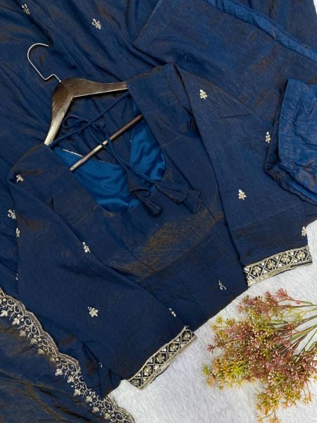 Inspiring Blue Designer Vichitra Gown Suit Set with Beads Sequence Embroidery Ready To Wear Collection
