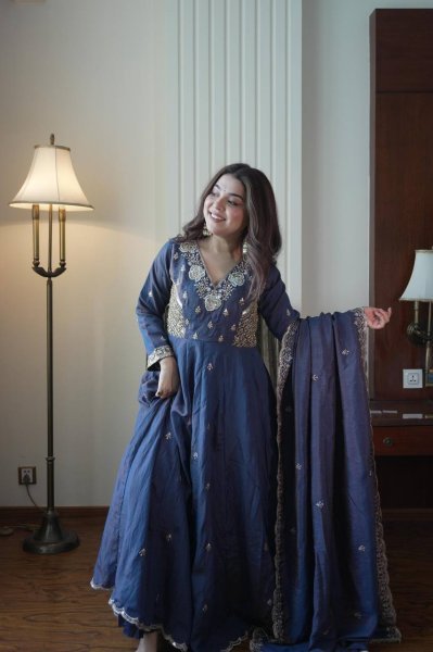Inspiring Blue Designer Vichitra Gown Suit Set with Beads Sequence Embroidery Ready To Wear Collection