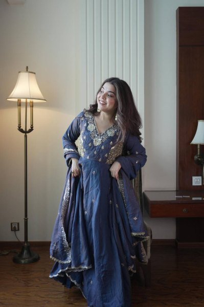 Inspiring Blue Designer Vichitra Gown Suit Set with Beads Sequence Embroidery Ready To Wear Collection