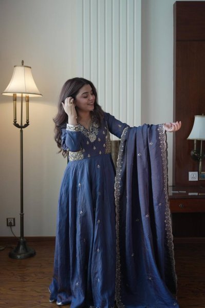 Inspiring Blue Designer Vichitra Gown Suit Set with Beads Sequence Embroidery Ready To Wear Collection