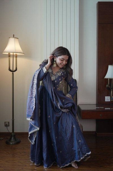 Inspiring Blue Designer Vichitra Gown Suit Set with Beads Sequence Embroidery Ready To Wear Collection