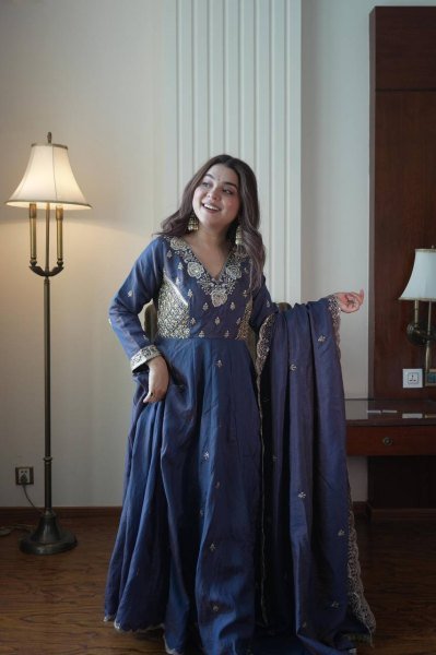 Inspiring Blue Designer Vichitra Gown Suit Set with Beads Sequence Embroidery Ready To Wear Collection