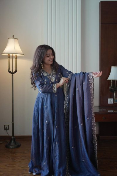 Inspiring Blue Designer Vichitra Gown Suit Set with Beads Sequence Embroidery Ready To Wear Collection