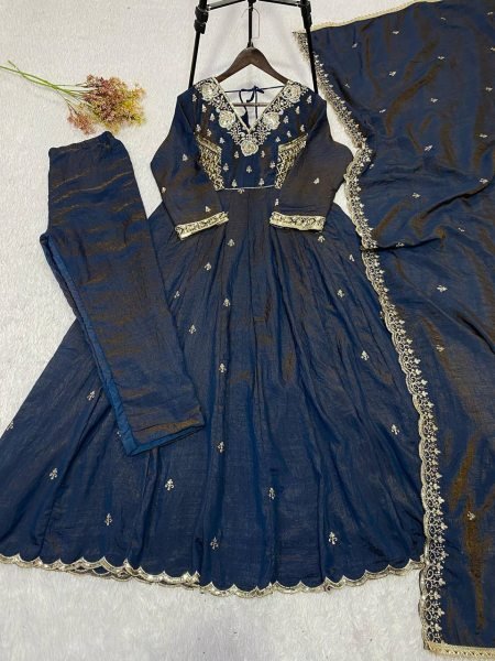 Inspiring Blue Designer Vichitra Gown Suit Set with Beads Sequence Embroidery Ready To Wear Collection