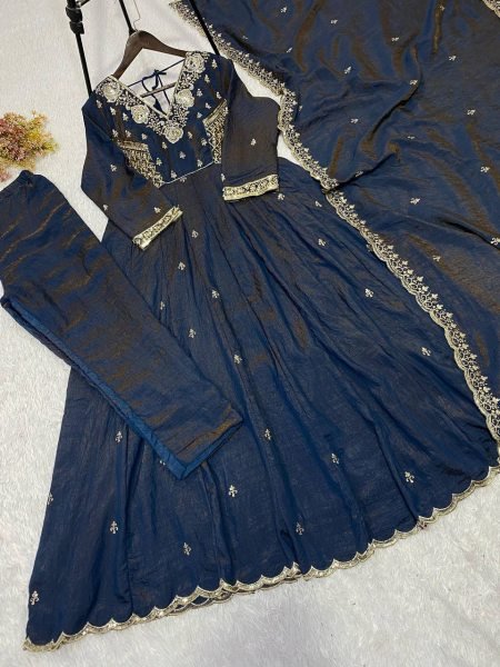 Inspiring Blue Designer Vichitra Gown Suit Set with Beads Sequence Embroidery Ready To Wear Collection
