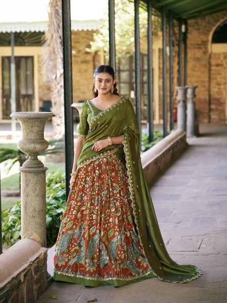 Inspiring Green Tasar Silk Lehenga with Sequins Embroidered Vichitra Silk Blouse  Lehenga