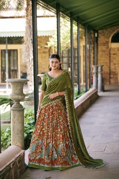 Inspiring Green Tasar Silk Lehenga with Sequins Embroidered Vichitra Silk Blouse Half Saree Lehenga