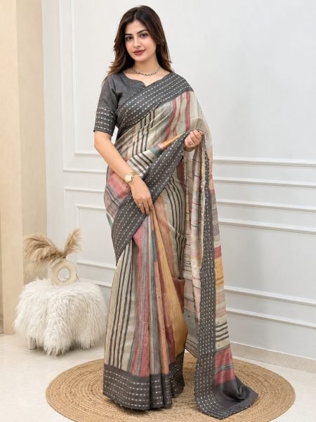 Inspiring Grey Hand Katha Embroidered Saree with Matching Unstitched Blouse Sarees 