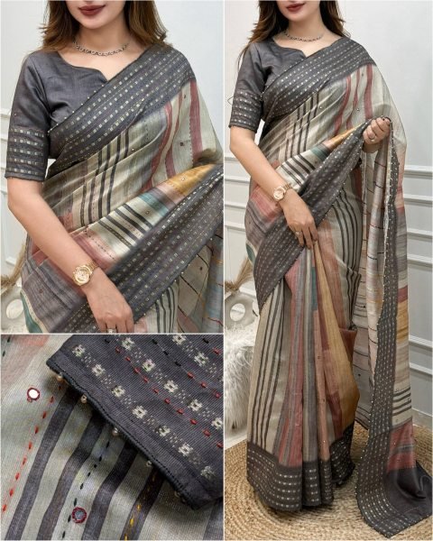 Inspiring Grey Hand Katha Embroidered Saree with Matching Unstitched Blouse Printed Cotton Sarees Wholesale