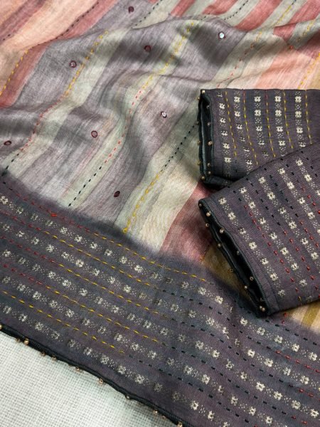 Inspiring Grey Hand Katha Embroidered Saree with Matching Unstitched Blouse Printed Cotton Sarees Wholesale