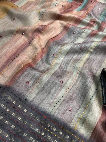 Inspiring Grey Hand Katha Embroidered Saree with Matching Unstitched Blouse Printed Cotton Sarees Wholesale